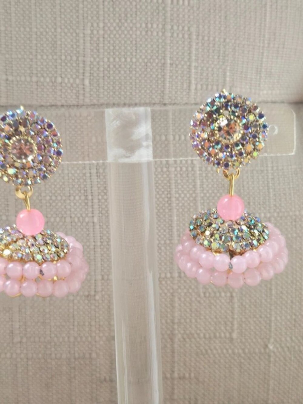 Fashion Earrings Pink Beads Chandelier Jhumka Traditional Pakistani Earrings - Picture 8 of 12